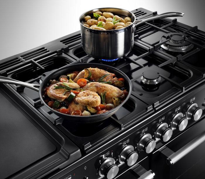 Falcon Nexus 110 Dual Fuel hob with chicken and potatoes